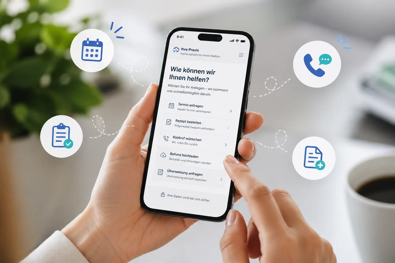 Smartphone mit digitaler Online-Rezeption auf einer modernen Praxiswebsite
