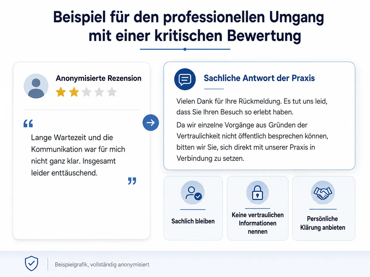 Anonymisiertes Beispiel für eine professionelle Antwort einer Arztpraxis auf eine kritische Google-Rezension