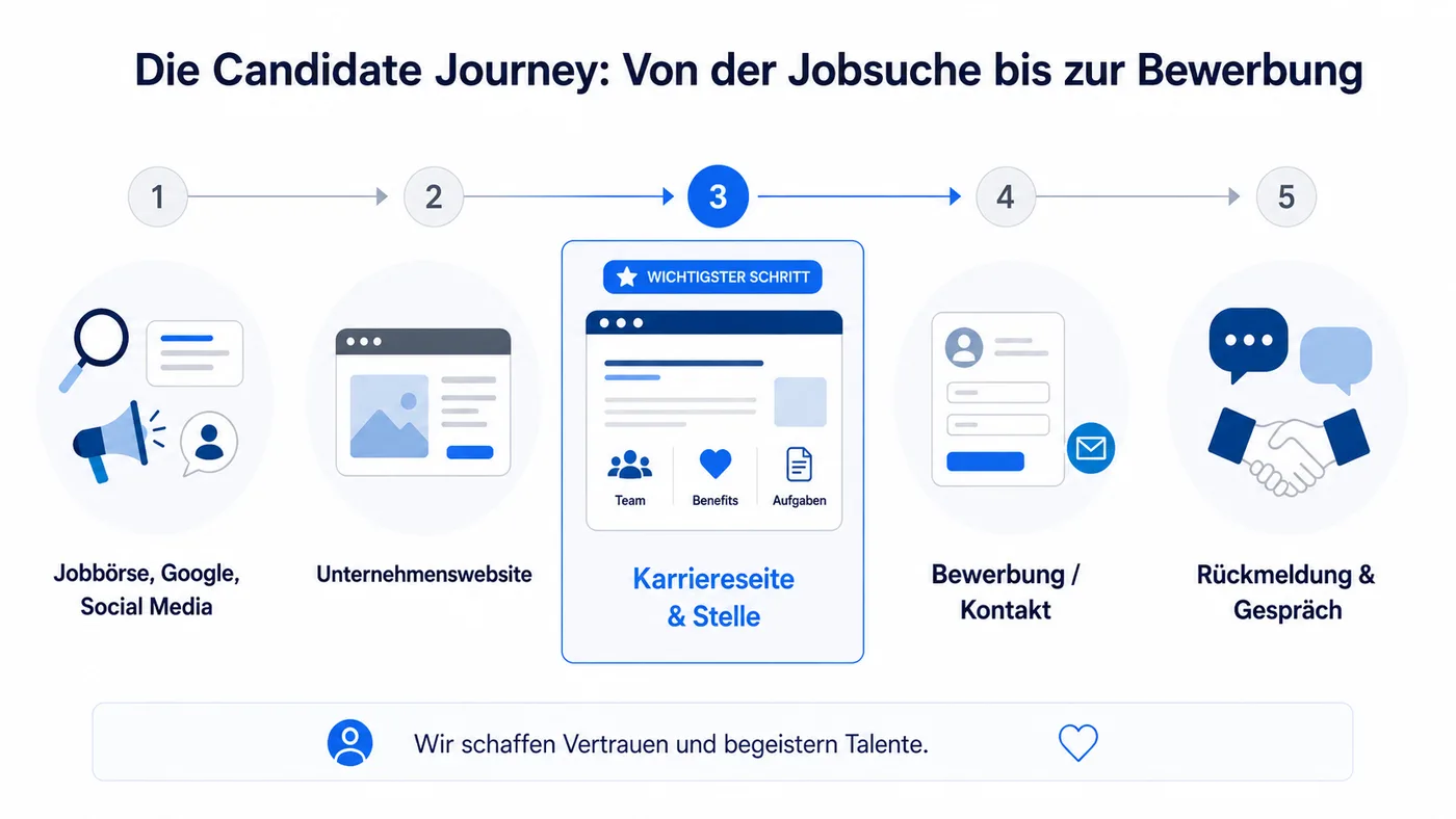 Bewerberreise von der Stellensuche über die Karriereseite bis zur Bewerbung
